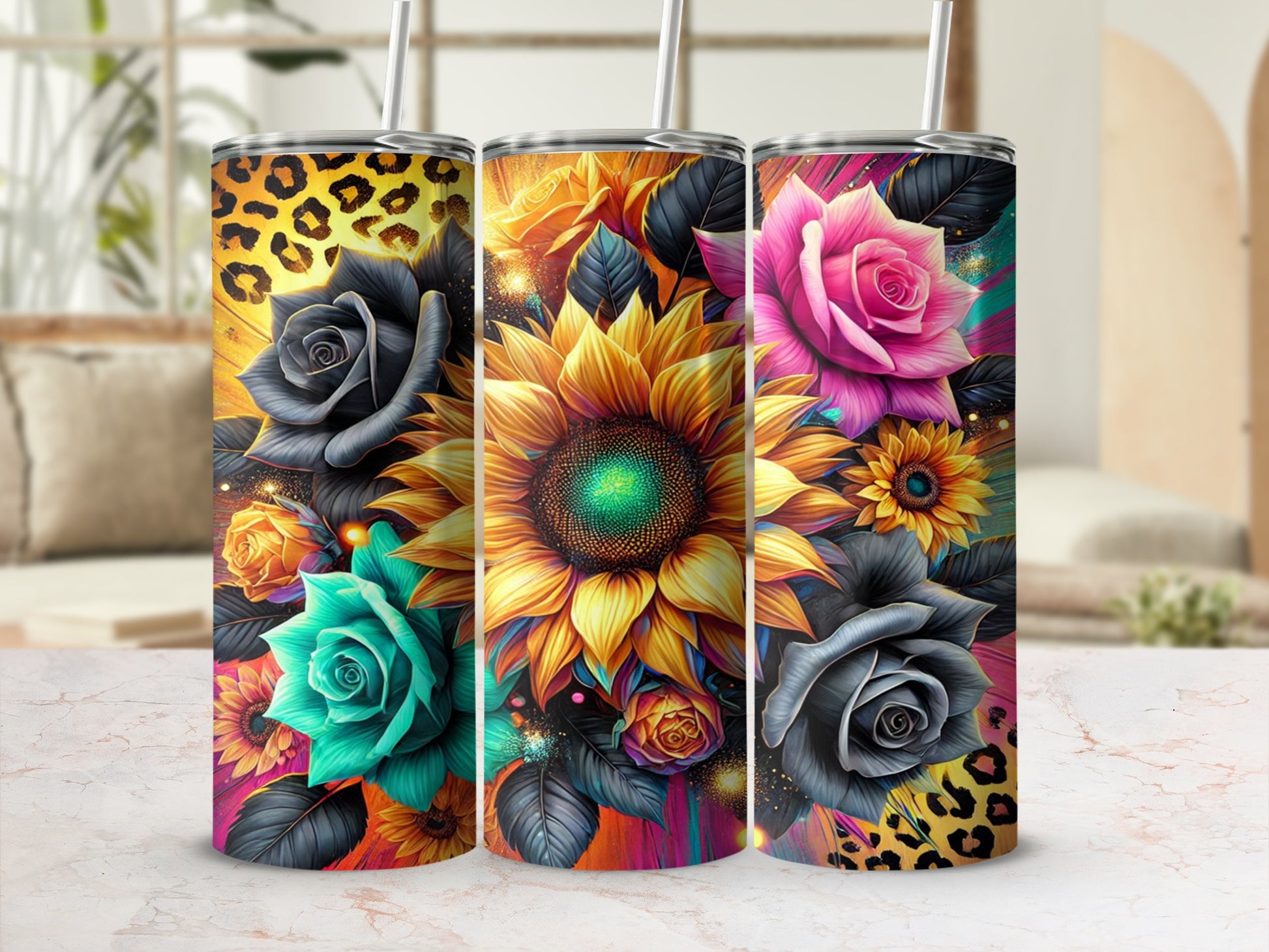 Colorful Floral and Leopard Pattern Tumbler Set