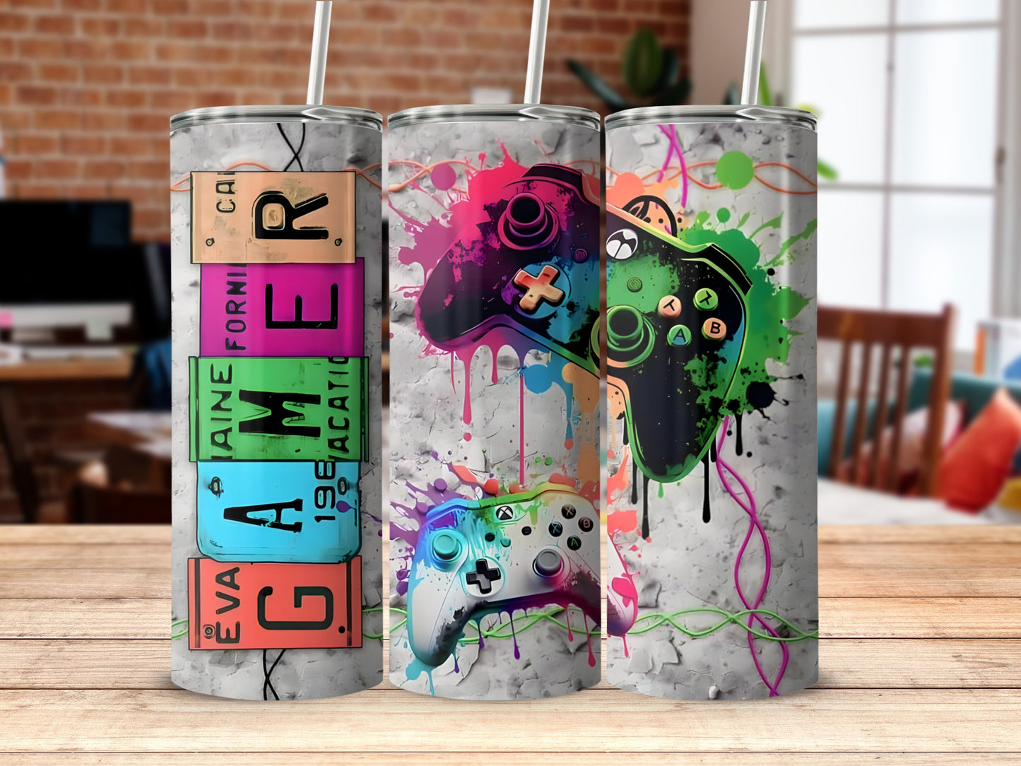 Colorful Gamer Controller Tumbler Cup With Straws