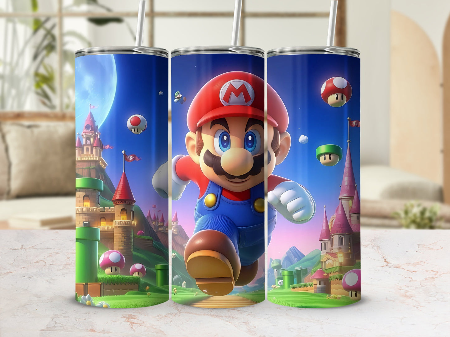 Colorful Mario Castle Design Tumbler Cup with Straw
