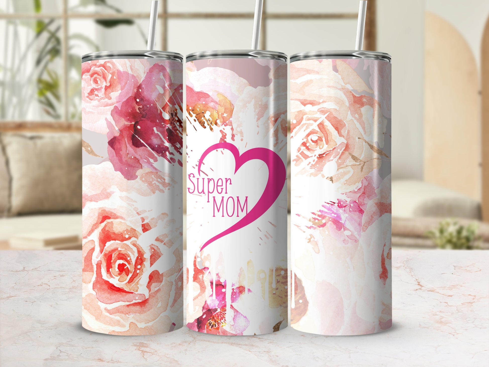 Super MOM Floral Watercolor Design Tumbler Cup