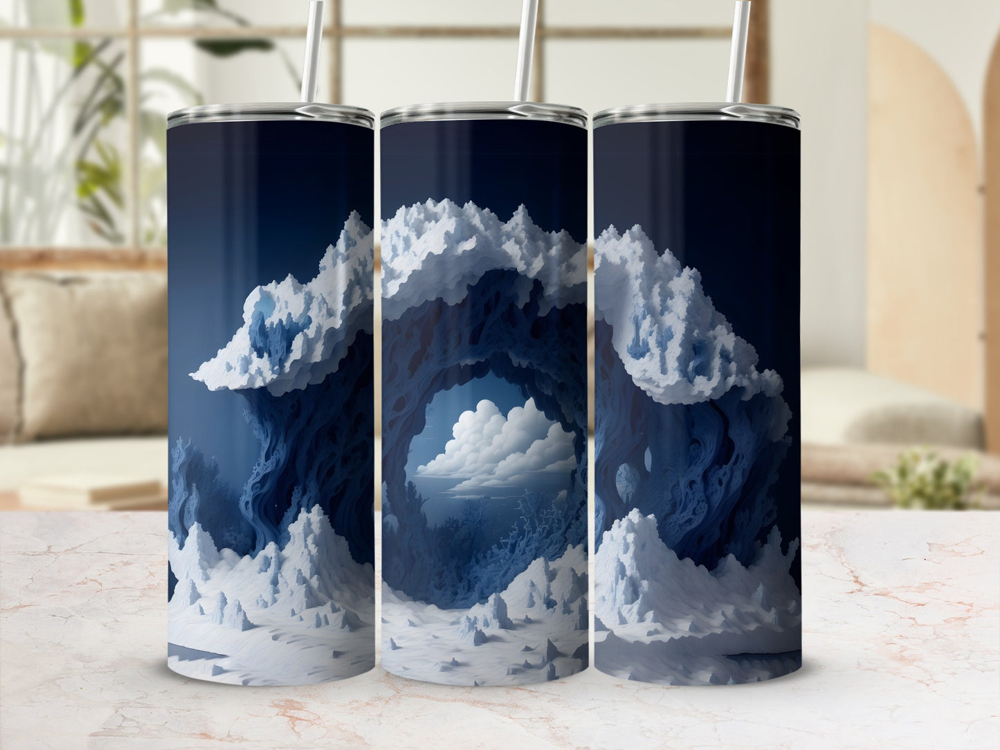 Blue icy cave opening revealing a distant sky and clouds.