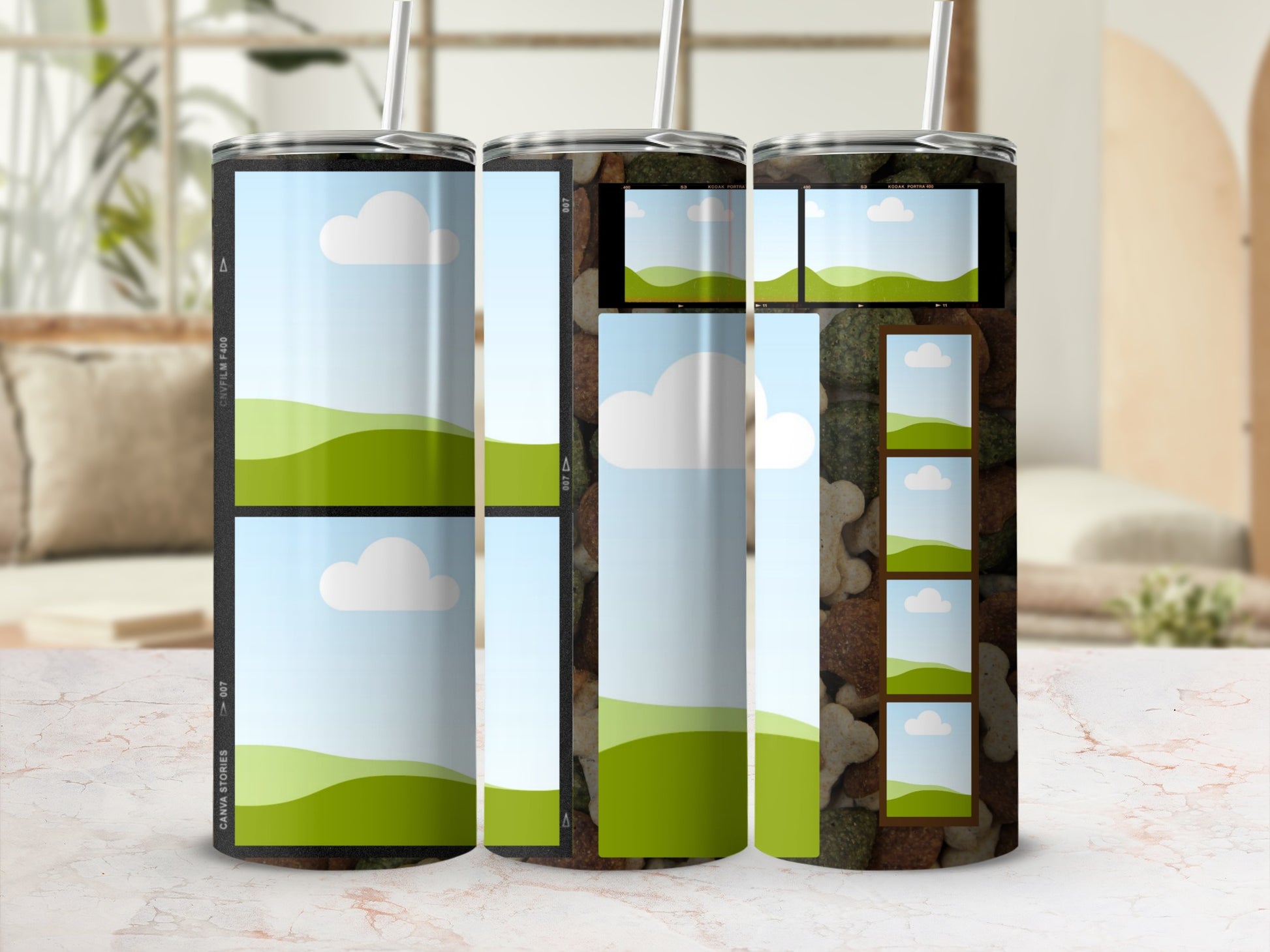 Tumblers with a collage of photo frames showing landscapes and dog treats.
