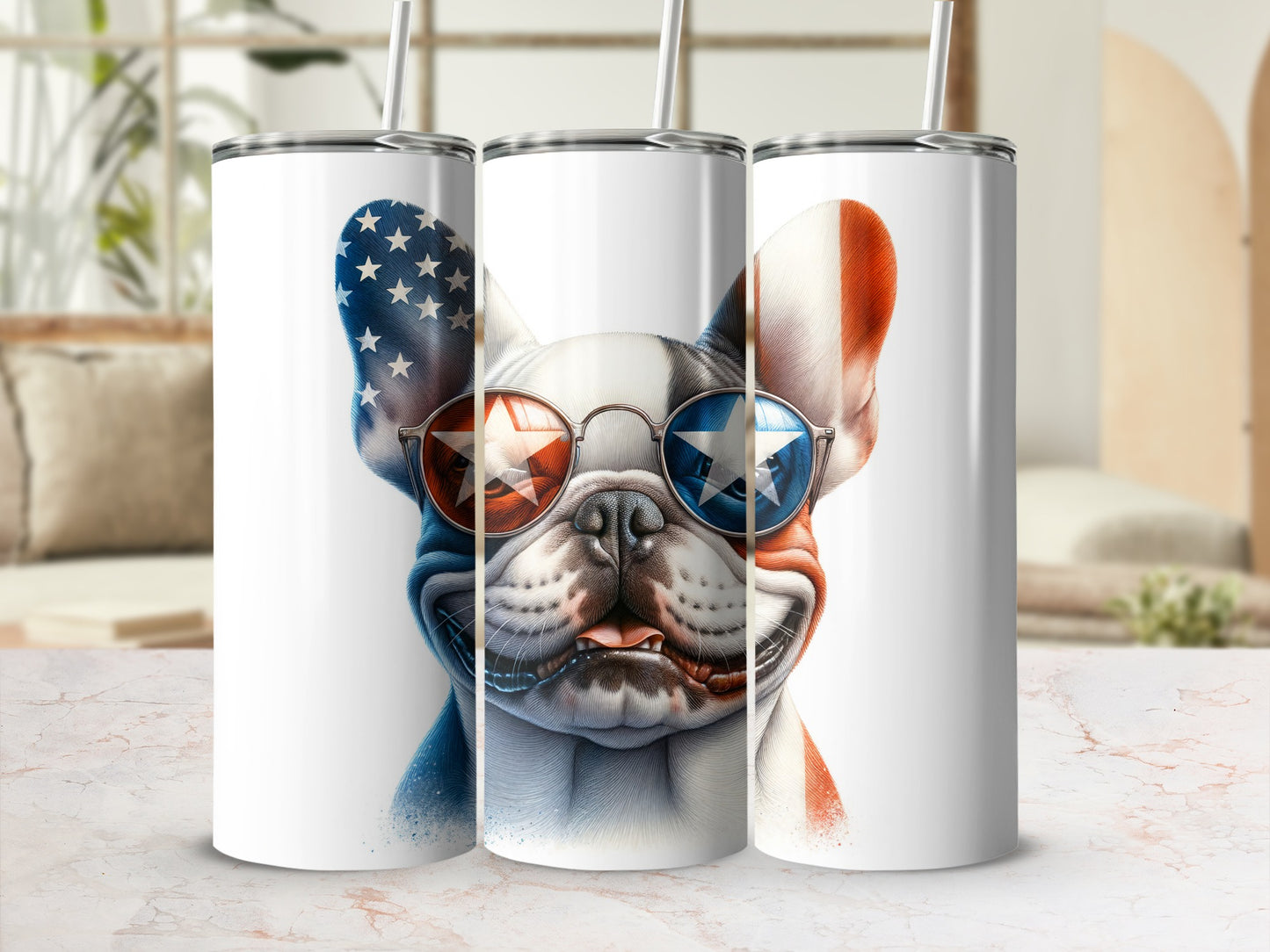 French bulldog wearing sunglasses with American flag design.