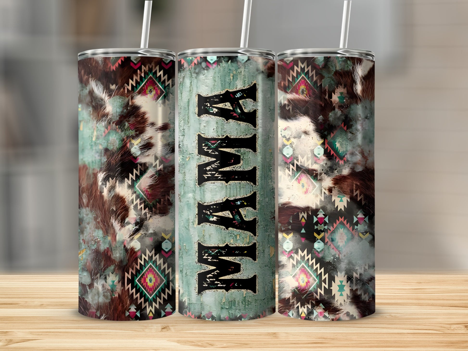 Three tumblers with "MAMA" text and cowhide, turquoise, and geometric patterns.