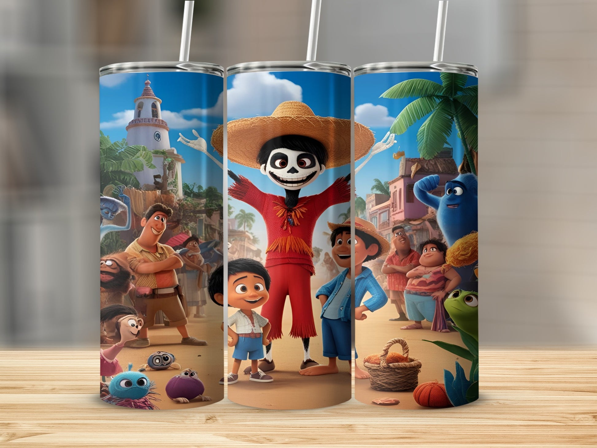 Characters from Coco movie on a beach with palm trees.