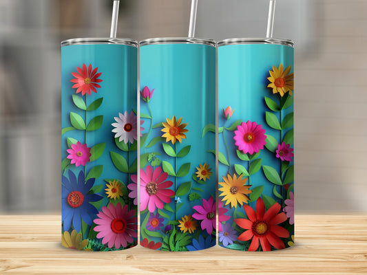 Three teal tumblers with colorful paper flowers and green stems.
