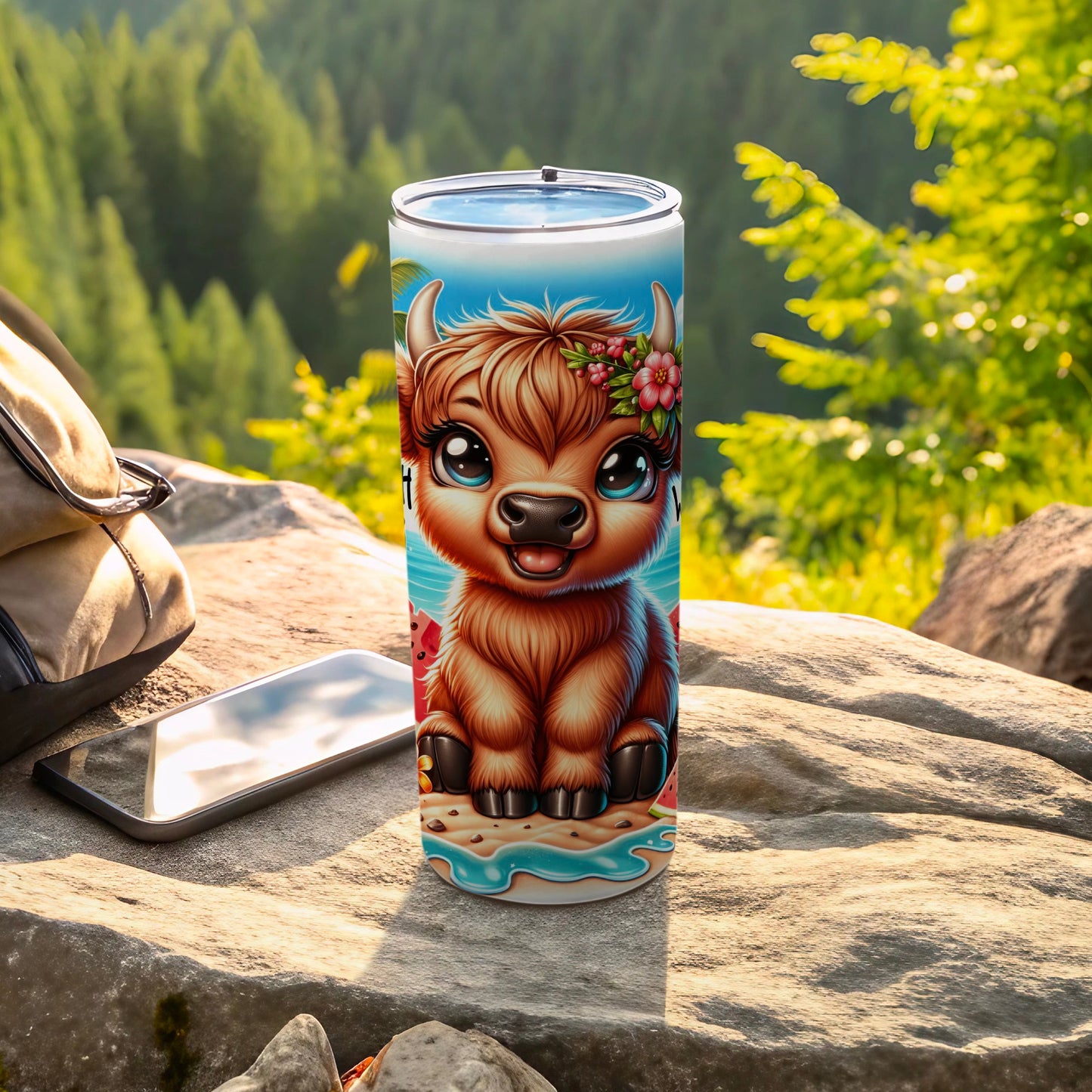 Cute Highland cow with flowers on head on beach themed tumbler.