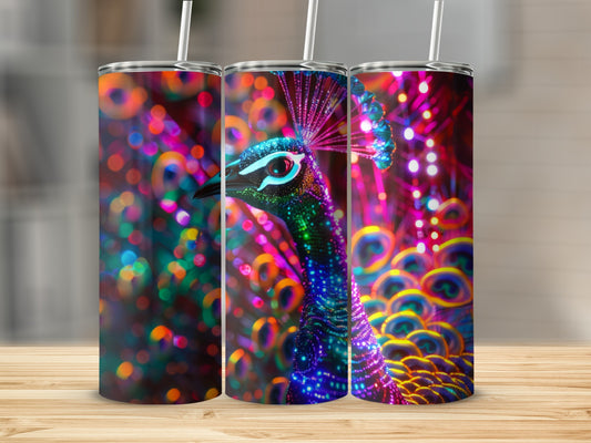 Vibrant, illuminated peacock with colorful bokeh lights on a tumbler.