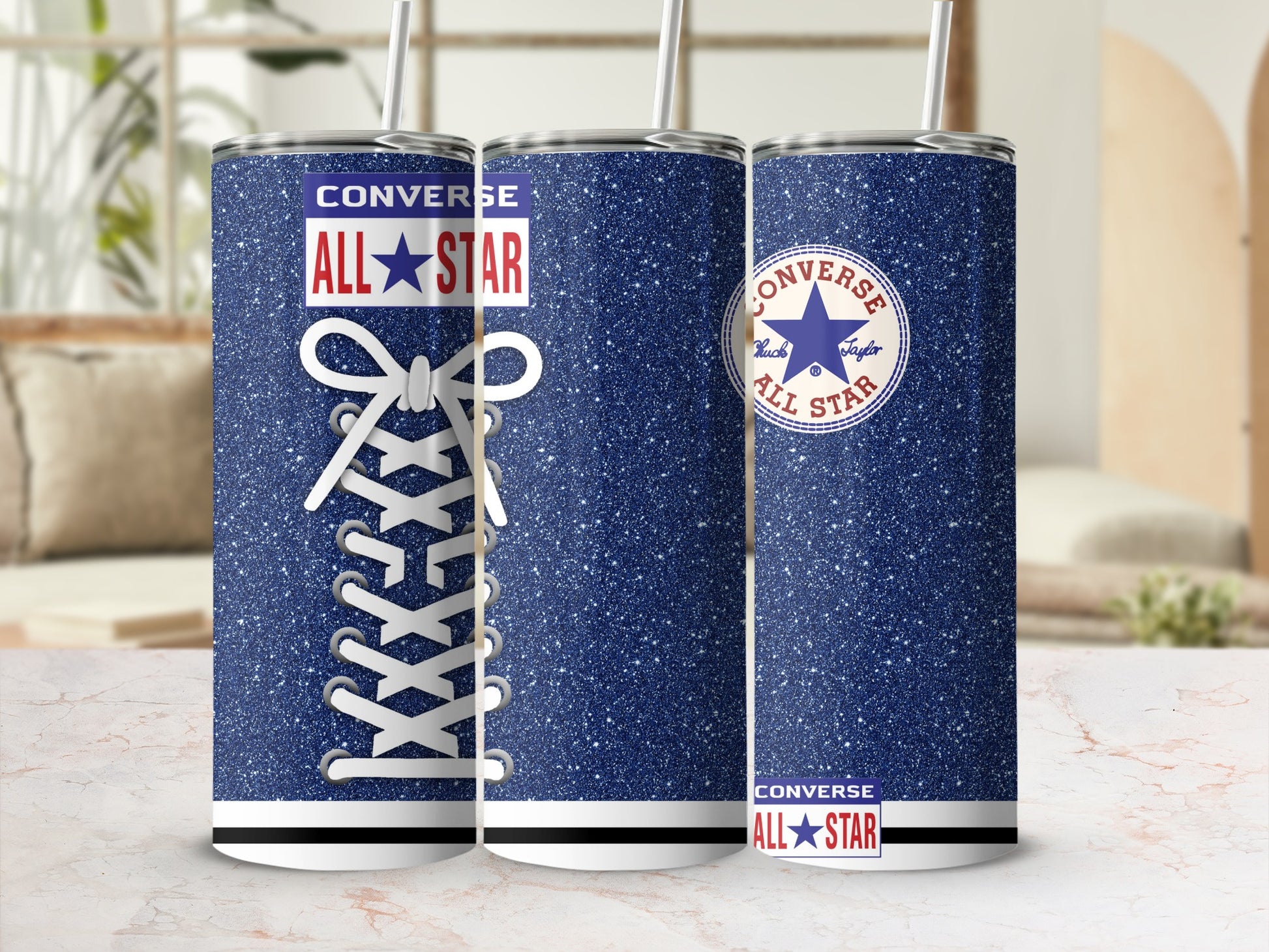 Converse All-Star tumbler with white laces and starry blue glitter.