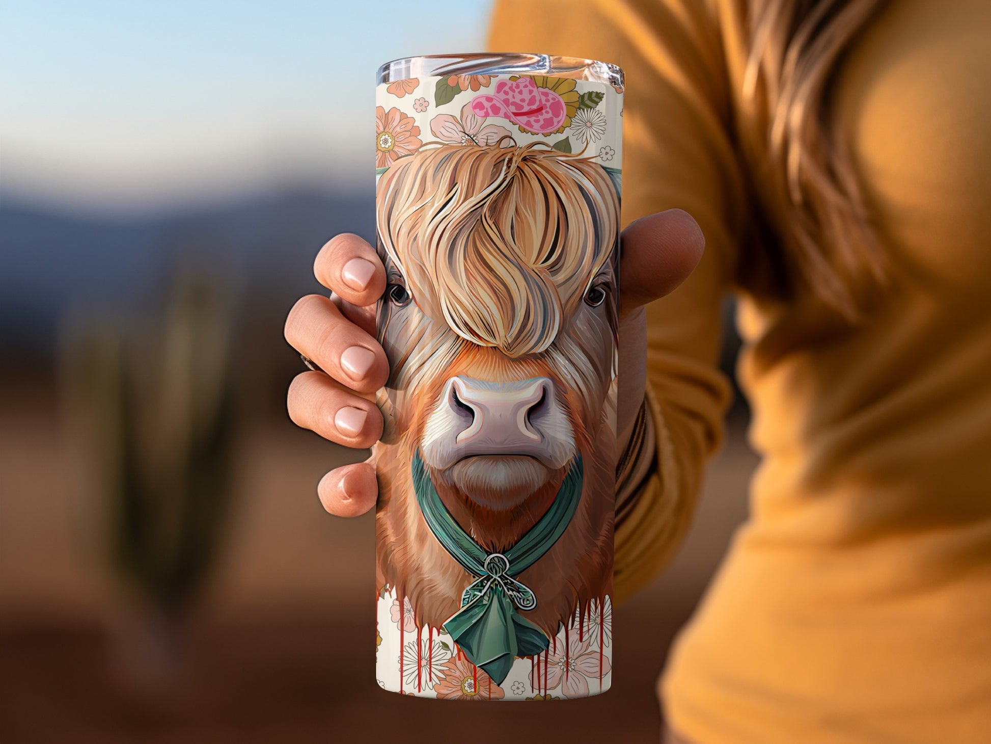 Floral Highland Cow Art Printed on Tumbler Cup