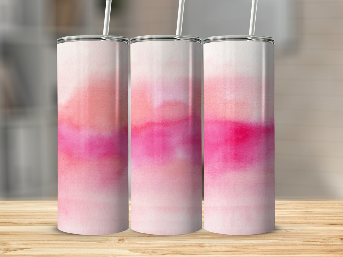 Three tumblers with pink and white watercolor abstract design.