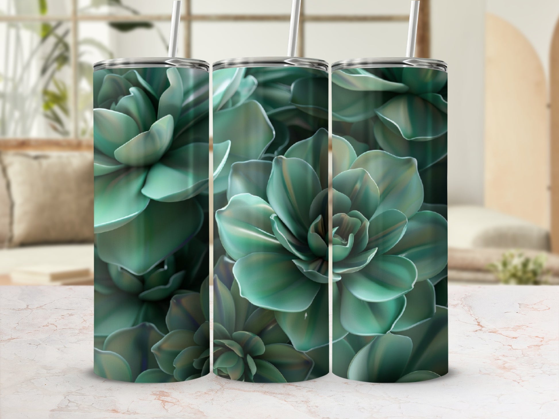 Three tumblers with a green succulent floral pattern.