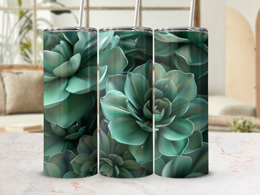 Three tumblers with a green succulent floral pattern.