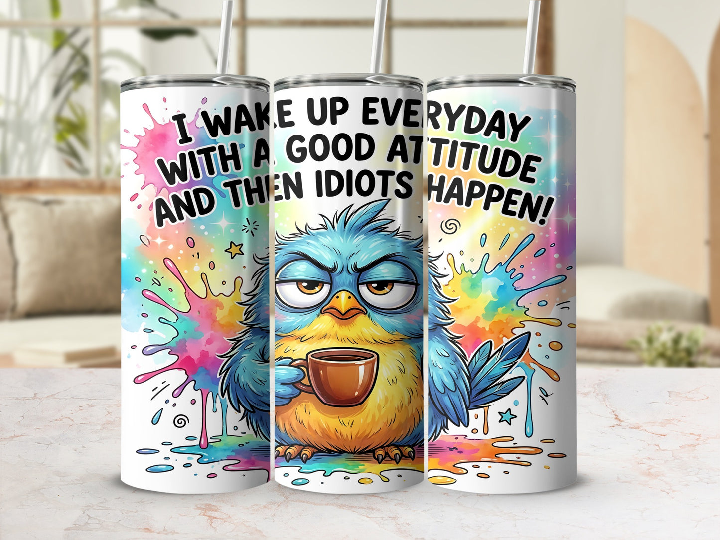 Blue bird with a grumpy expression, holding a coffee cup, with colorful paint splatters.
