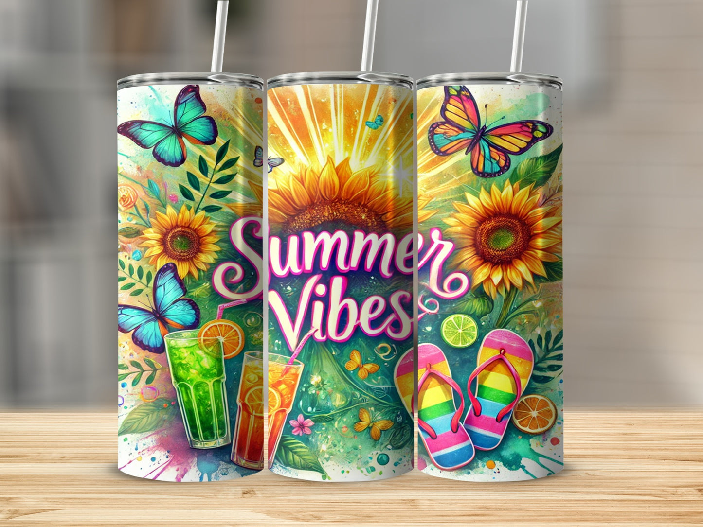Colorful Summer Vibes Floral and Butterfly Tumbler