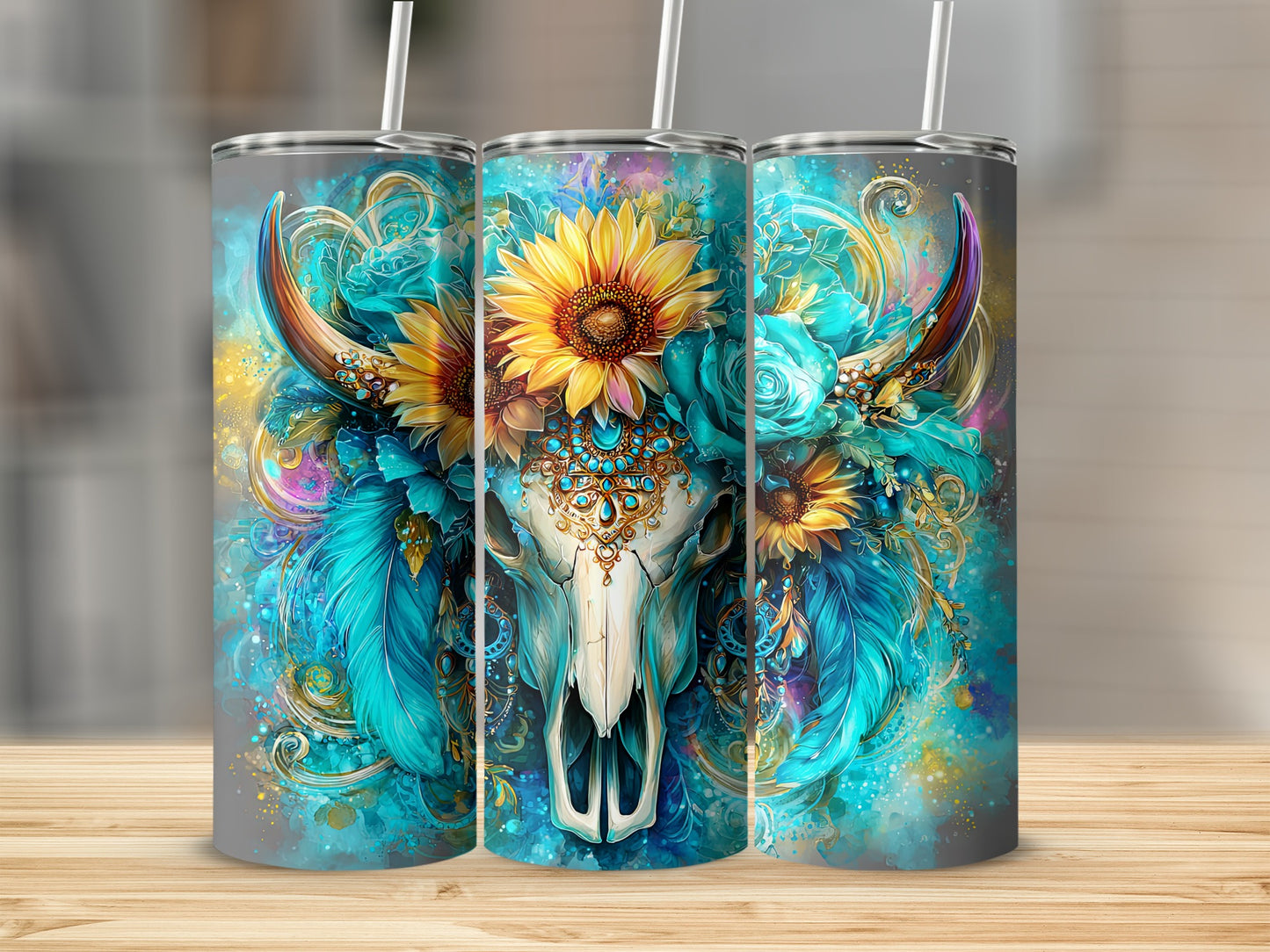 Vibrant Sunflower and Cow Skull Art Tumbler