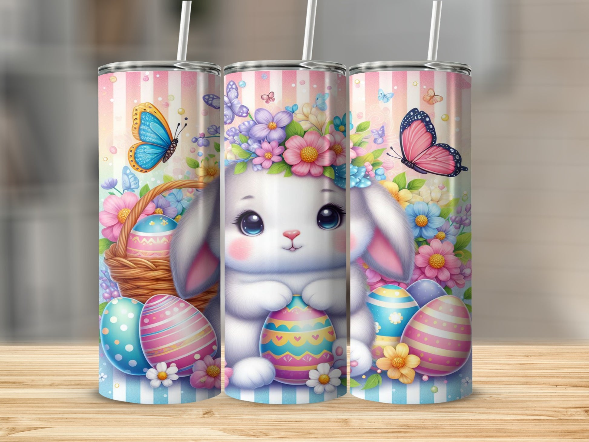 Easter bunny with basket of eggs and butterflies on striped background.