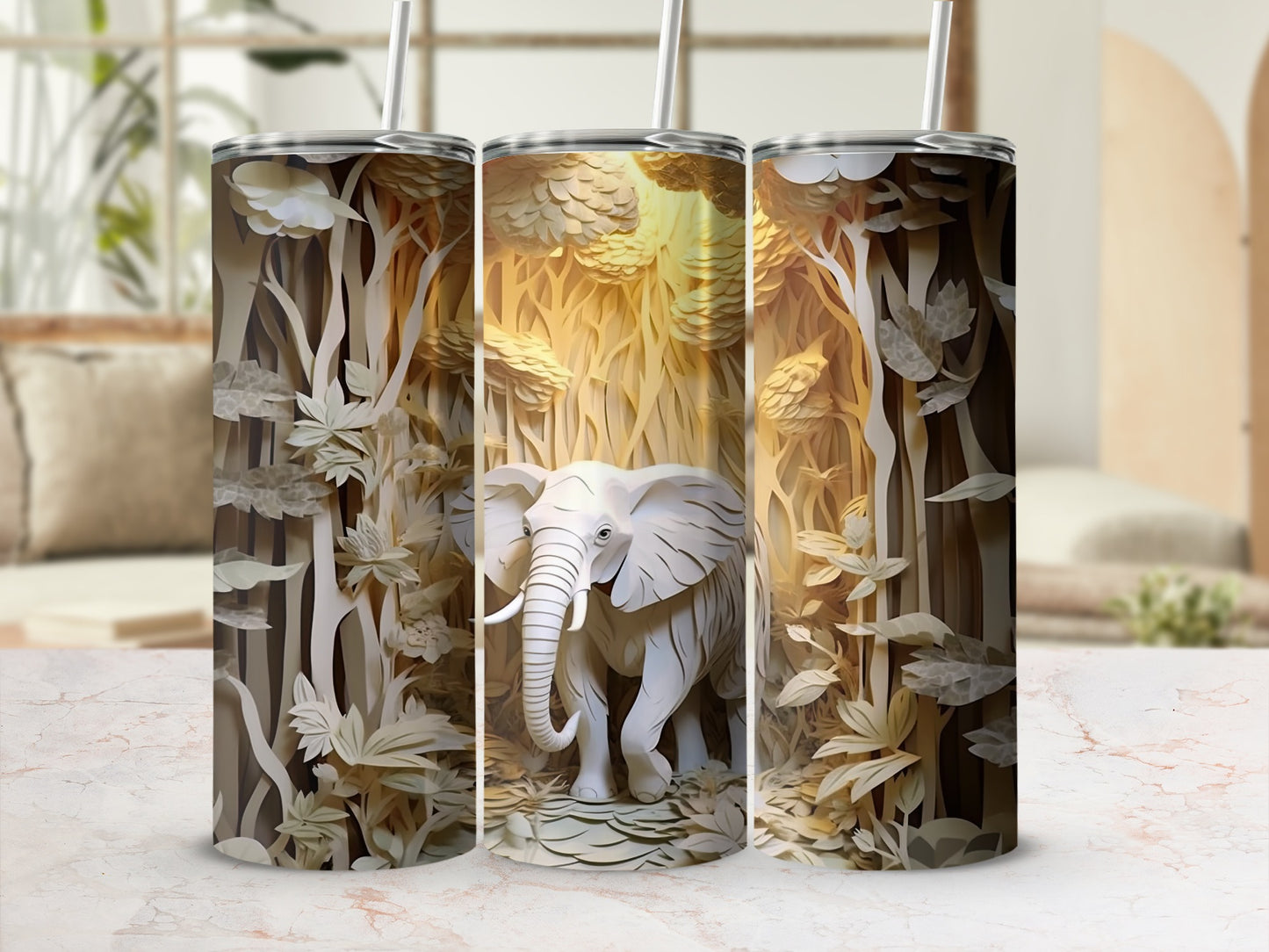 White elephant in a stylized forest on a tapered tumbler.