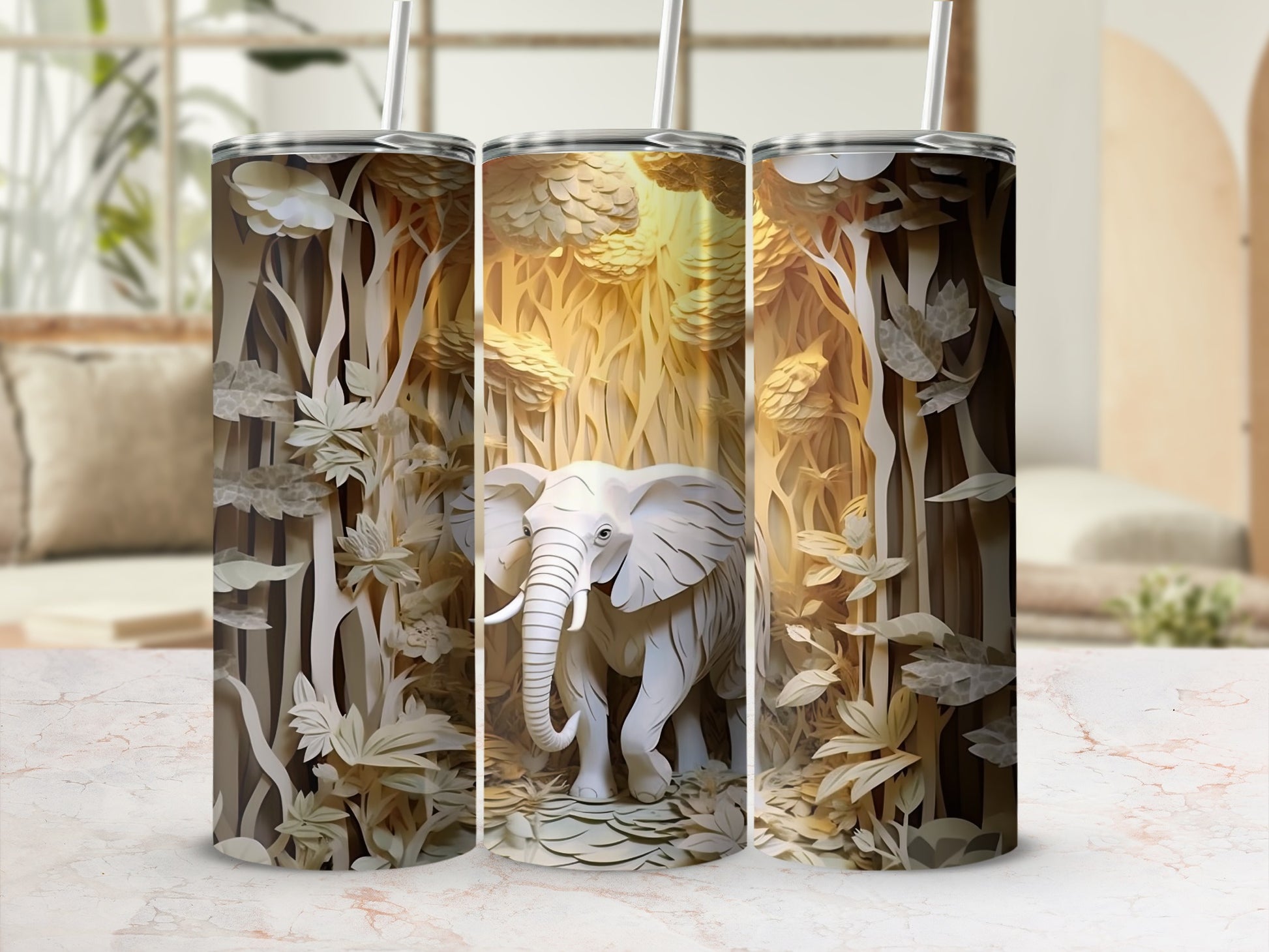White elephant in a stylized forest on a tapered tumbler.