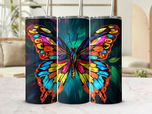 Colorful butterfly design on three tumblers with straws.