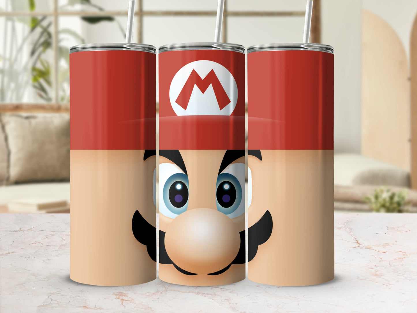 Red M cap mustache character face beverage tumbler product type