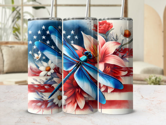 Blue dragonfly and floral American flag design on three tumblers.