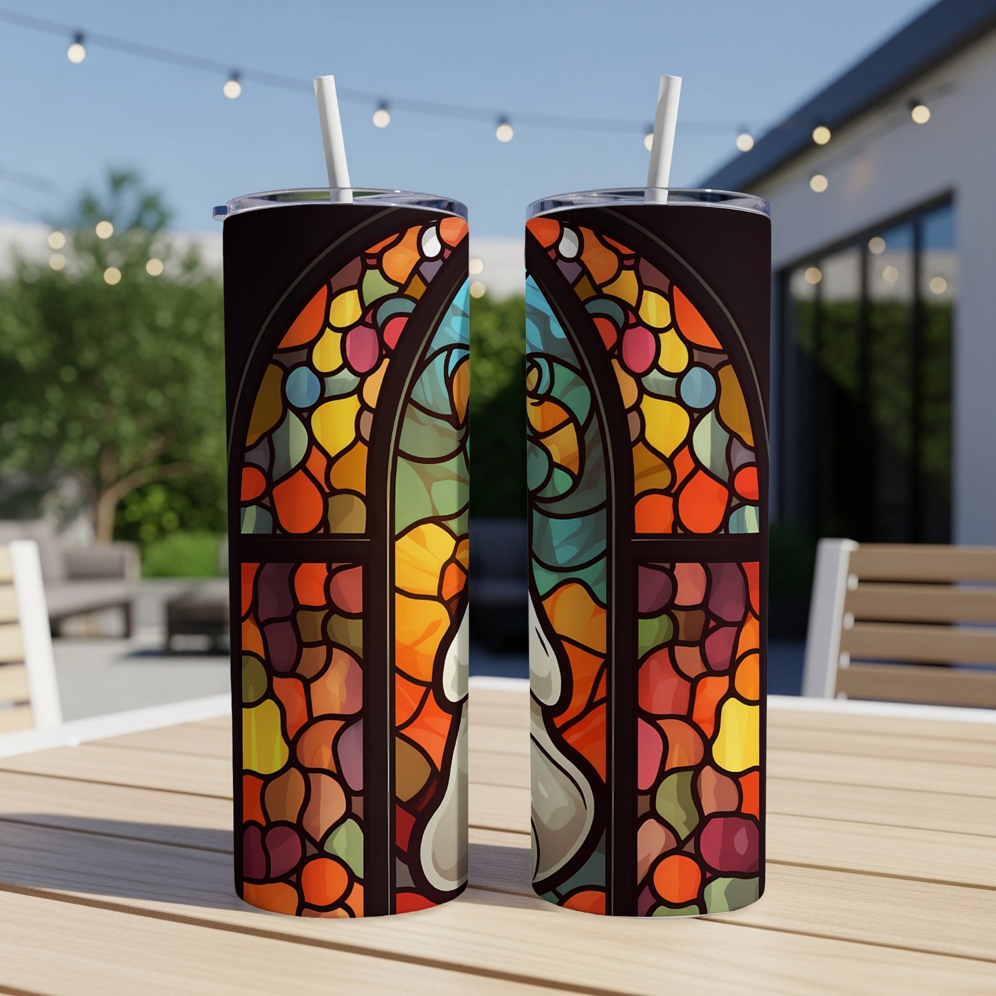 Two tumblers featuring a colorful stained-glass window design.