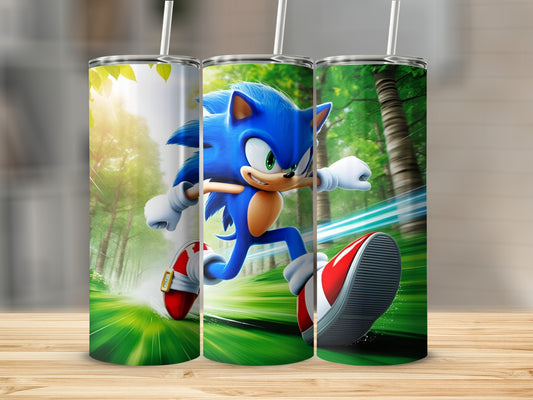 Sonic the Hedgehog running fast through a green forest with motion blur.