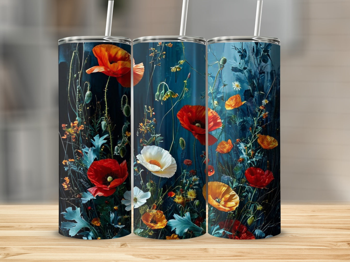 Three tumblers featuring a dark background with red, orange, and white poppies.
