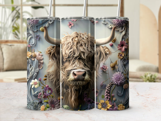 Highland cow with floral accents and textured background.
