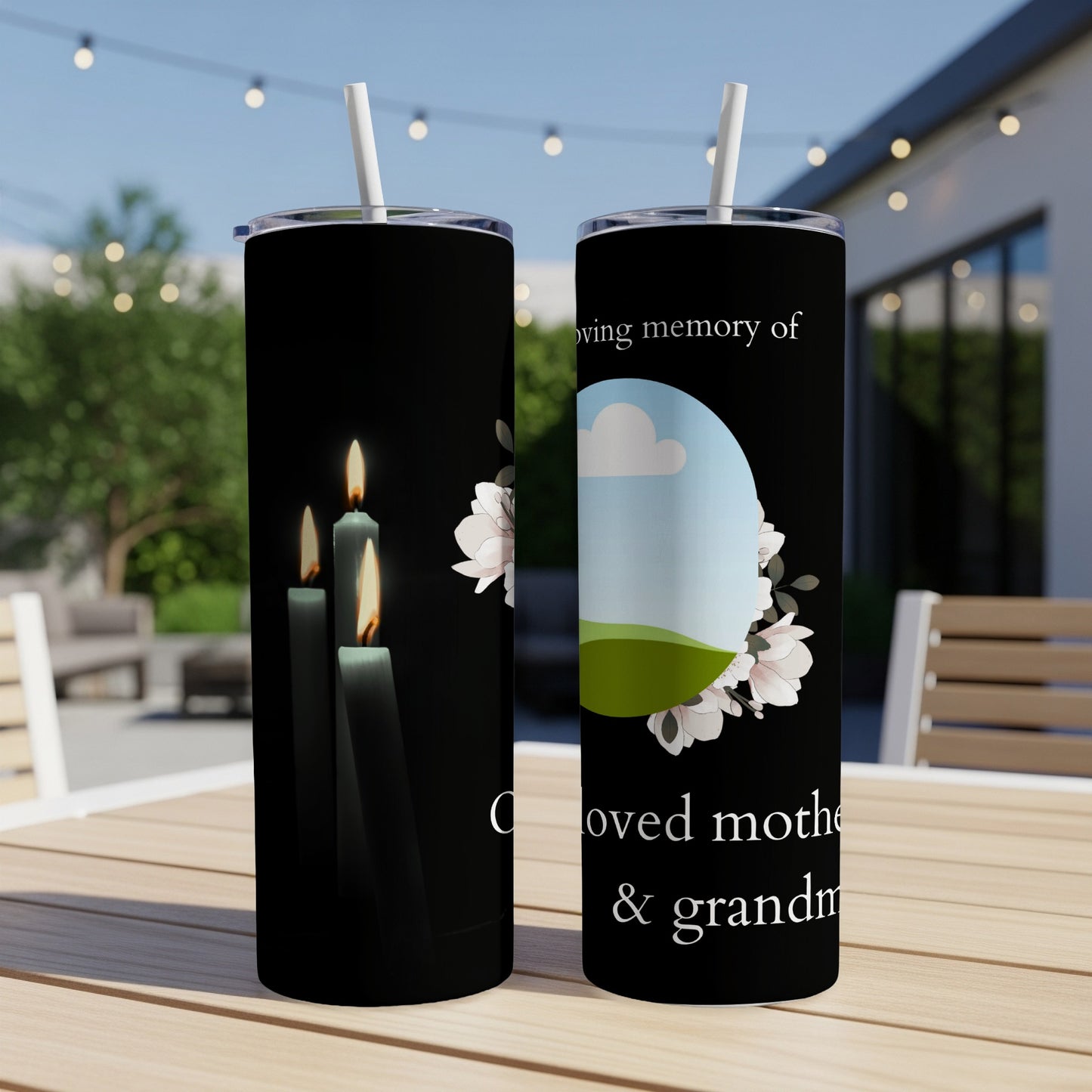 Black tumbler with three lit candles and text "loving memory of, beloved mother & grandma".