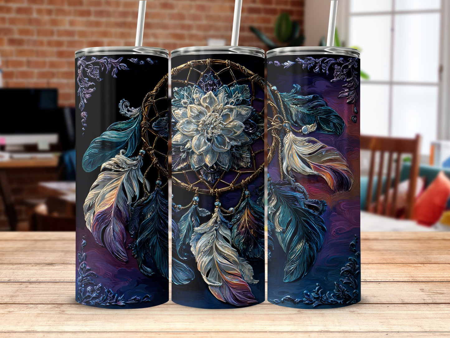 Dreamcatcher Feathers Artistic Tumbler With Straw