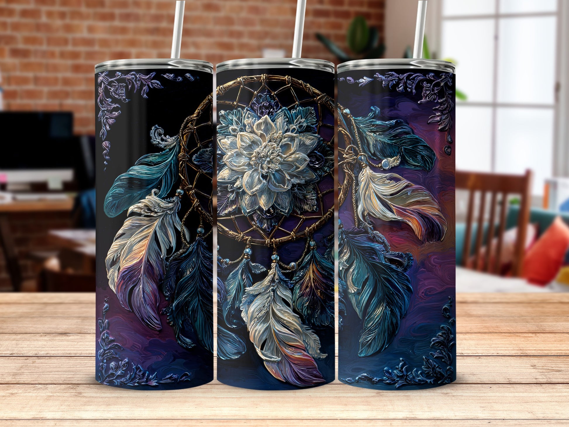 Dreamcatcher Feathers Artistic Tumbler With Straw