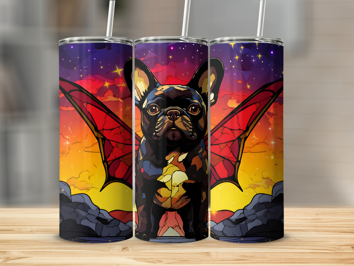 French bulldog with bat wings on a stained-glass-style tumbler with a starry night background.