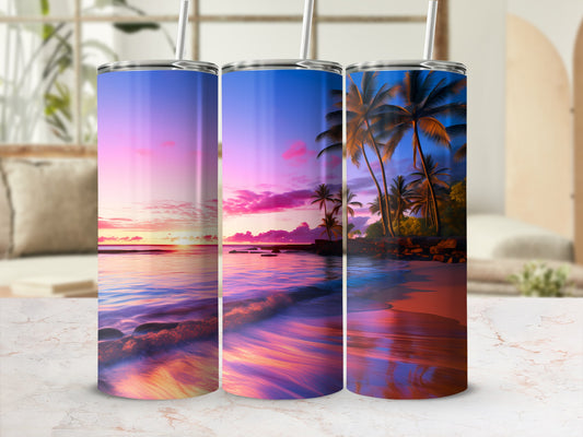 Vibrant Tropical Sunset Beach Palm Trees Ocean Waves Tumbler product type