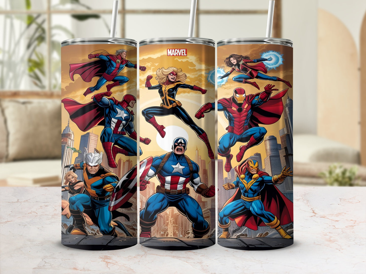 Marvel superheroes Captain America, Iron Man, Captain Marvel, and Thor in action pose.