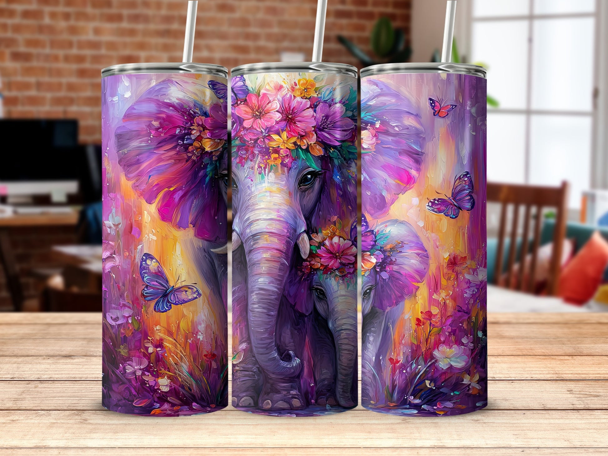 Beautiful Elephant and Butterflies Vibrant Design Tumbler