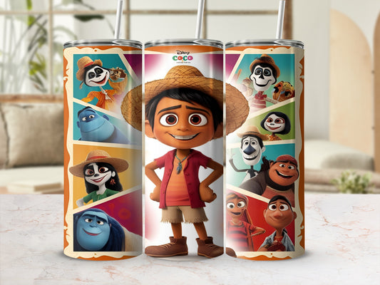 Miguel Rivera from Coco with movie characters on a patterned tumbler.