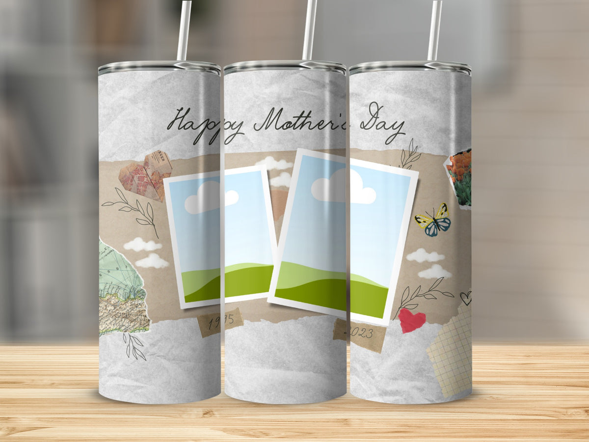 Three tumblers with "Happy Mother's Day" collage design and photo frames.