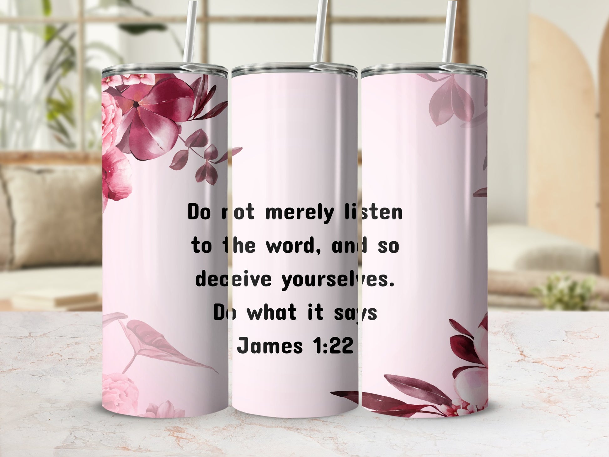 James 1:22 Insulated Water Tumbler with Floral Design