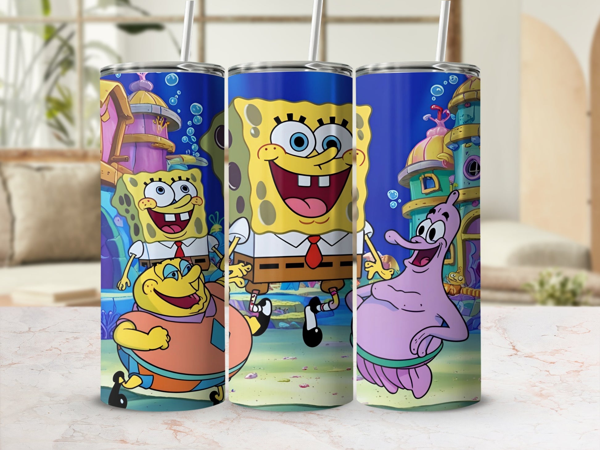 SpongeBob SquarePants and Patrick Star on a colorful tumbler with a beach background.