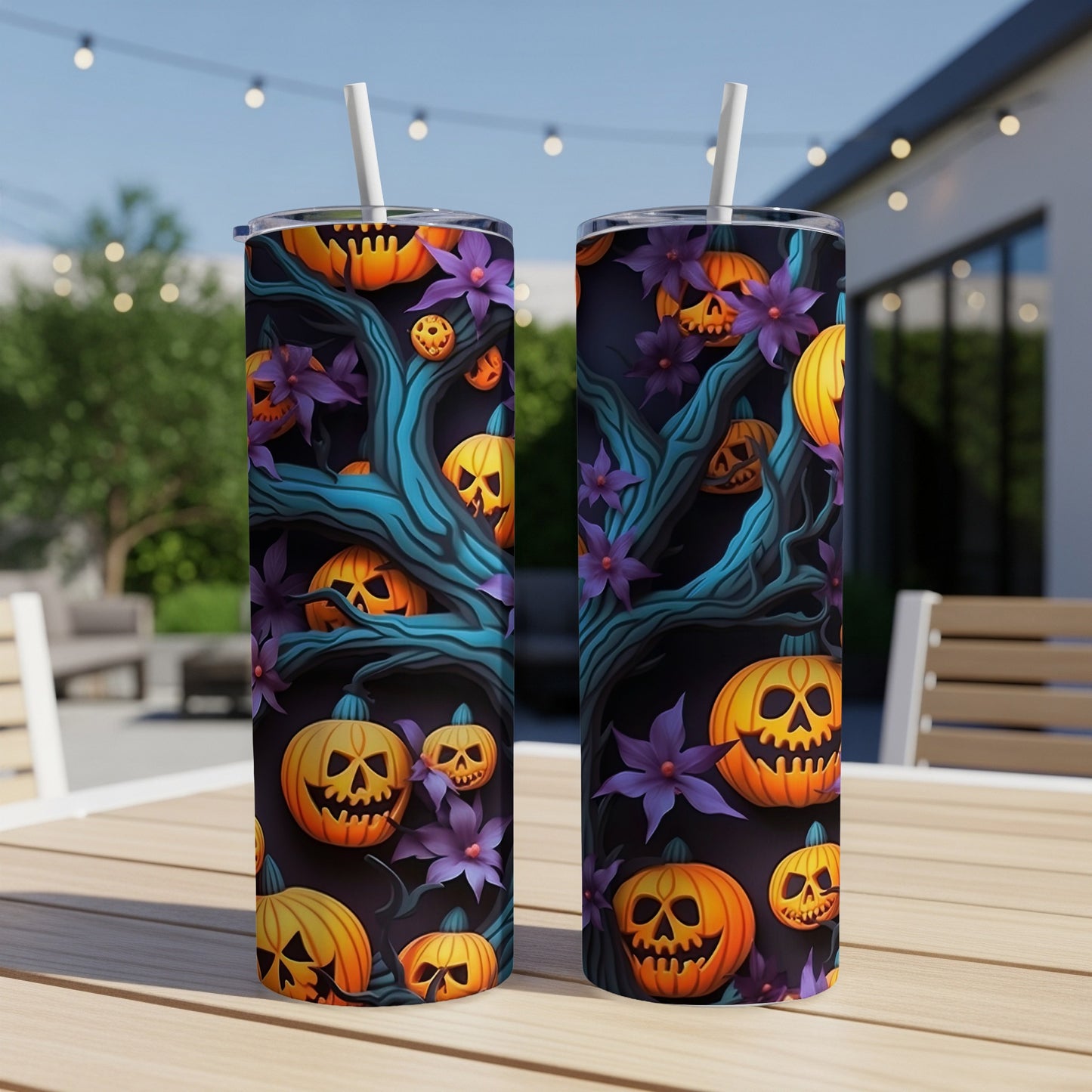 Two tumblers with a Halloween pumpkin and purple flower pattern, featuring jack-o'-lantern faces.