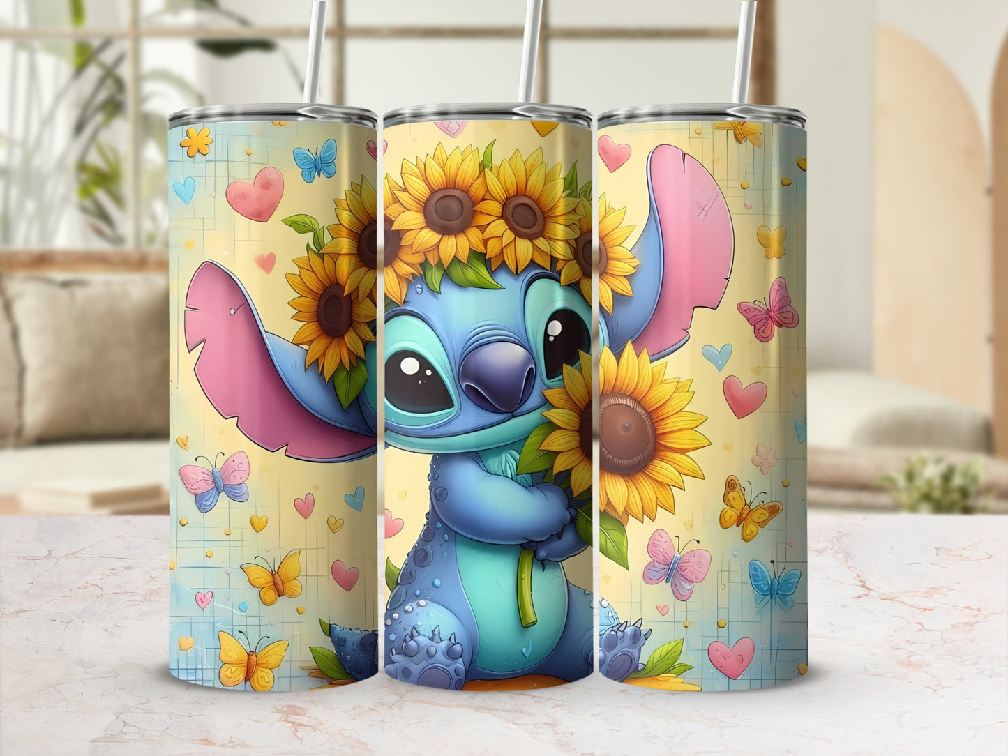 Cute Blue Character with Sunflowers Design Tumbler