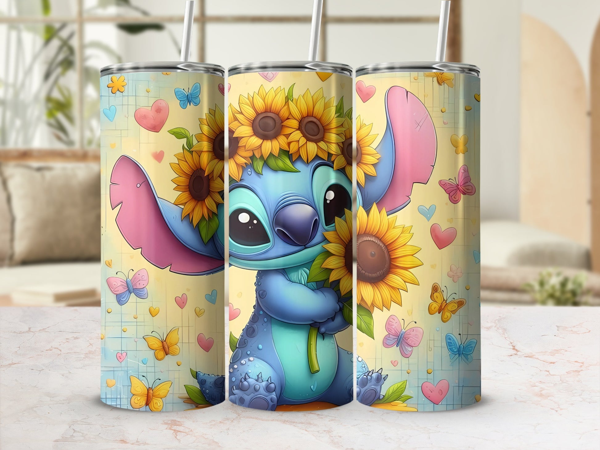 Cute Blue Character with Sunflowers Design Tumbler
