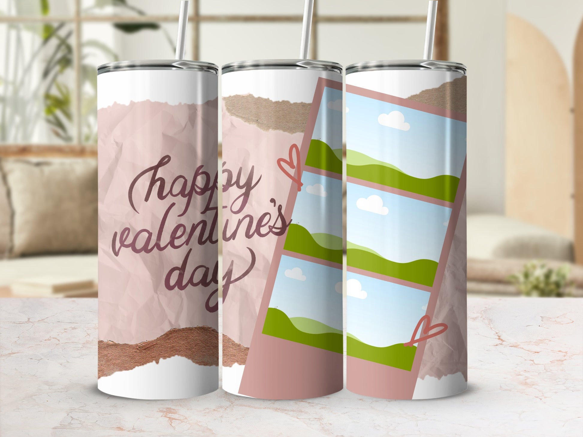 Three tumblers with Valentine's Day designs and nature scene photo frames.