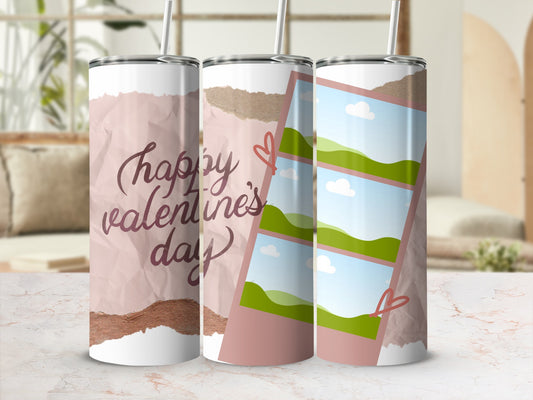 Three tumblers with Valentine's Day designs and nature scene photo frames.