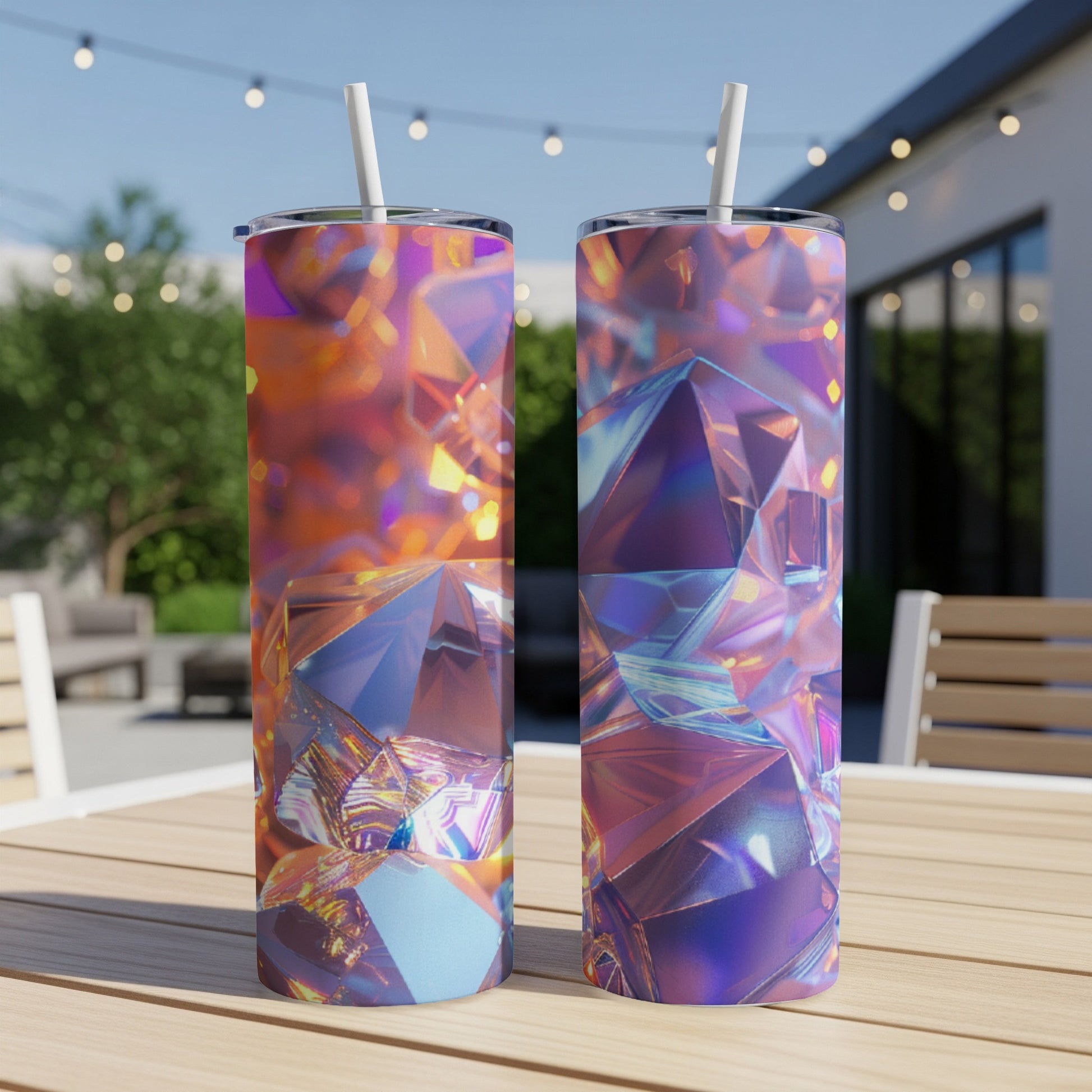Two tall tumblers with a colorful, abstract geometric crystal pattern.