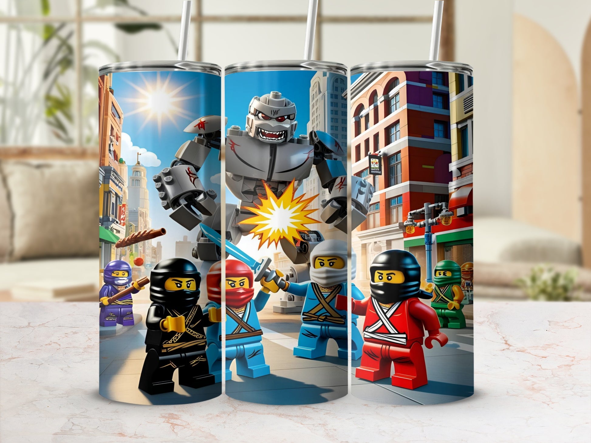 Four Ninjago characters from LEGO on a tumbler with a cityscape background.