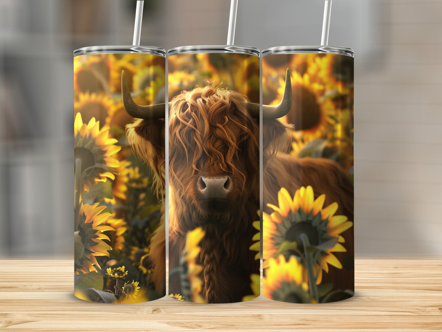 Three tumblers featuring a Highland cow among sunflowers.