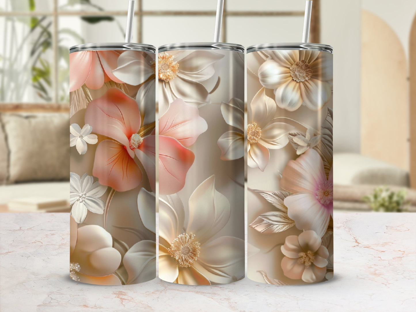 Floral tumbler with pink and cream flowers and gold accents.